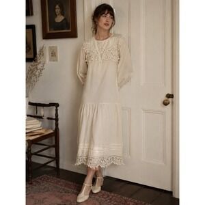 Paper White Vintage 80s Lace Victorian Revival Midi Dress Off White Medium Large